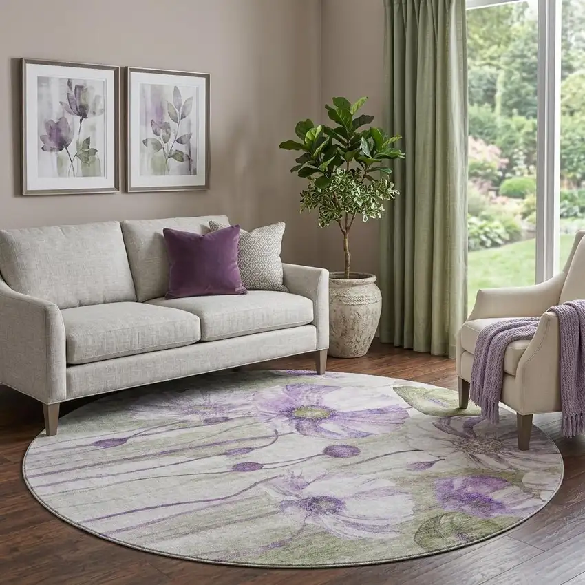 8' Purple Green And Ivory Floral Washable Round Rug With UV Protection Photo 1
