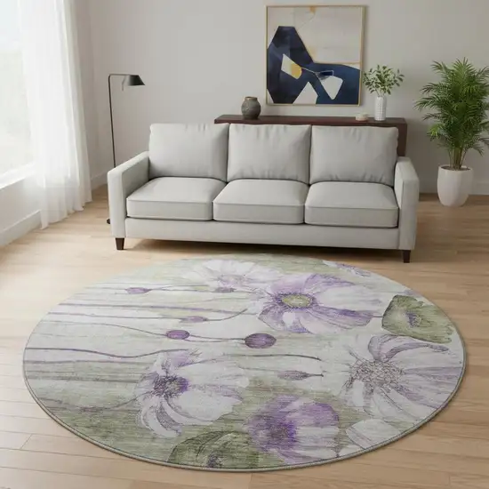 8' Purple Green And Ivory Floral Washable Round Rug With UV Protection Photo 2