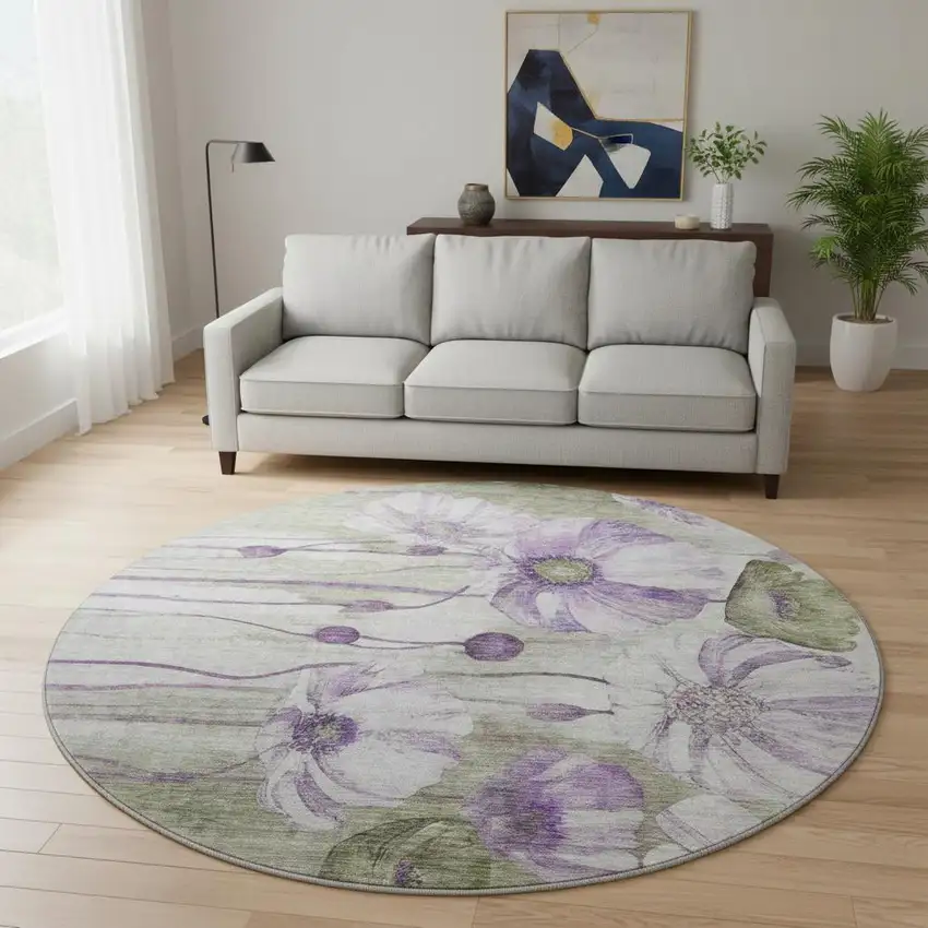8' Purple Green And Ivory Floral Washable Round Rug With UV Protection Photo 2