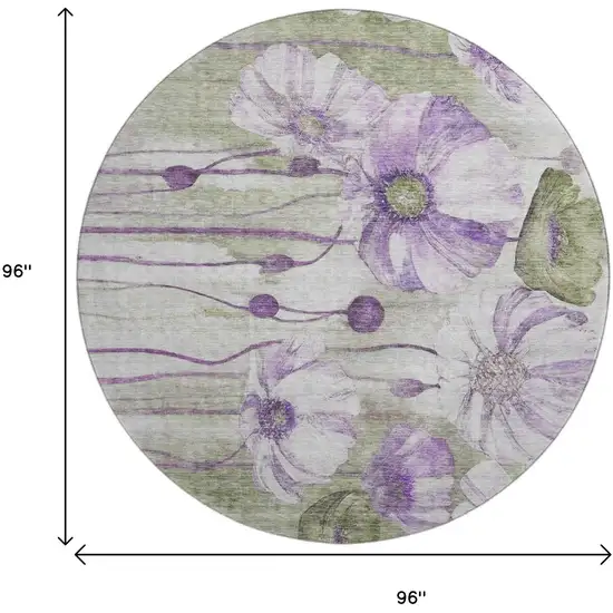 8' Purple Green And Ivory Floral Washable Round Rug With UV Protection Photo 6