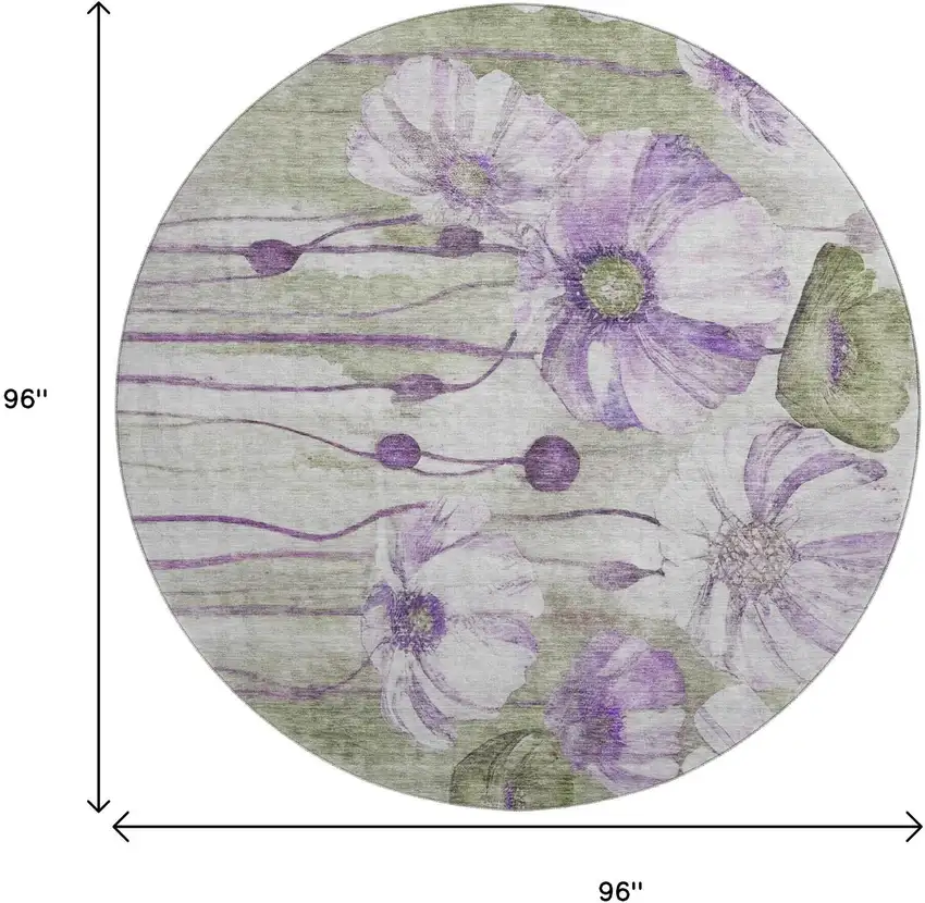 8' Purple Green And Ivory Floral Washable Round Rug With UV Protection Photo 6