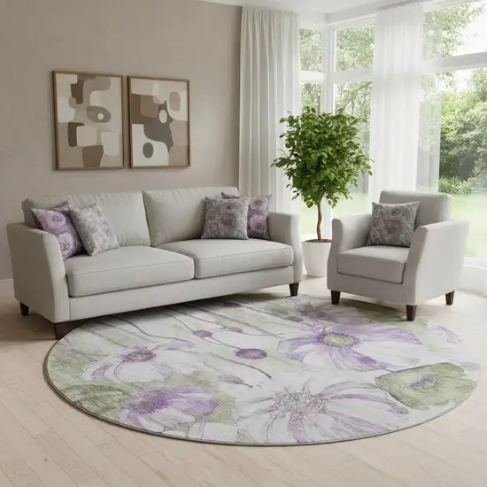 8' Purple Green And Ivory Floral Washable Round Rug With UV Protection Photo 1