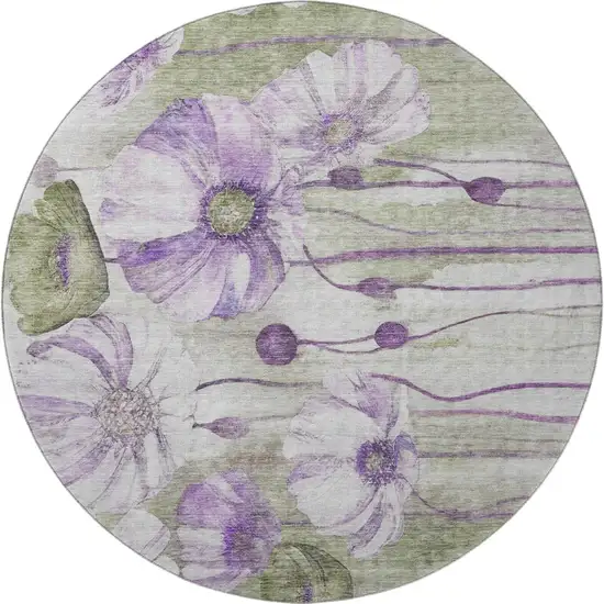 8' Purple Green And Ivory Floral Washable Round Rug With UV Protection Photo 4