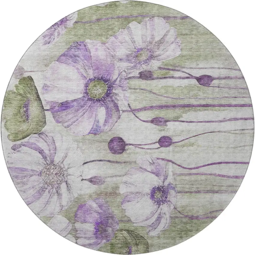 8' Purple Green And Ivory Floral Washable Round Rug With UV Protection Photo 4