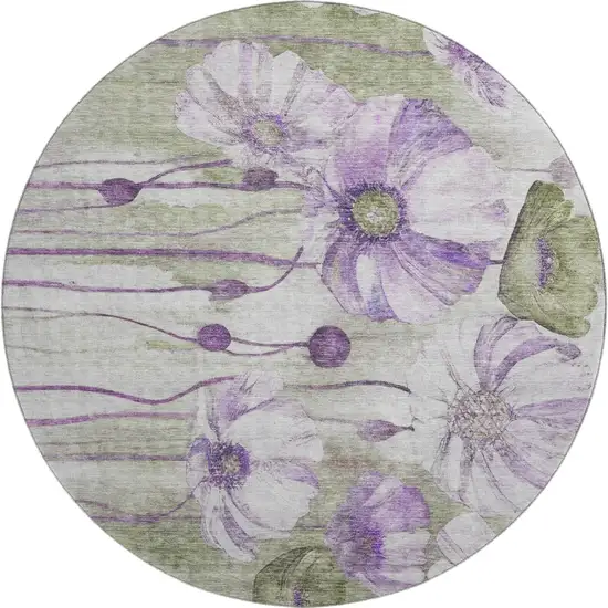 8' Purple Green And Ivory Floral Washable Round Rug With UV Protection Photo 1