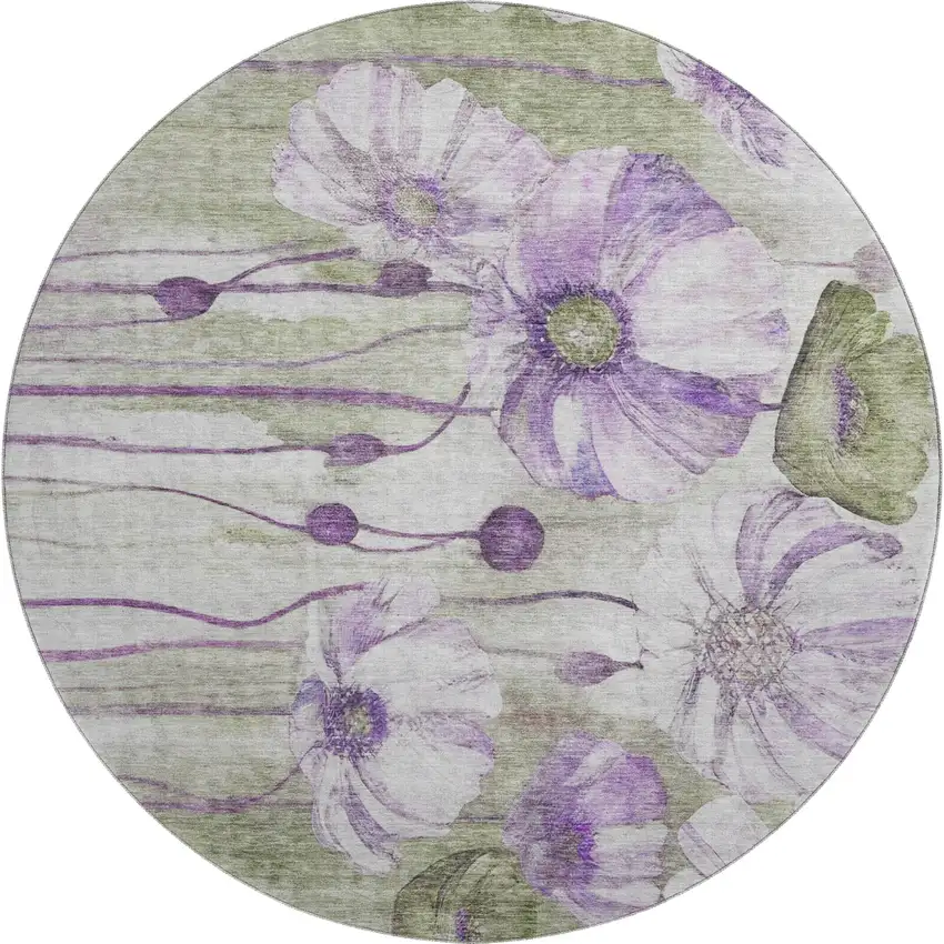 8' Purple Green And Ivory Floral Washable Round Rug With UV Protection Photo 1