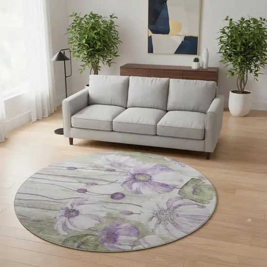 8' Purple Green And Ivory Floral Washable Round Rug With UV Protection Photo 3