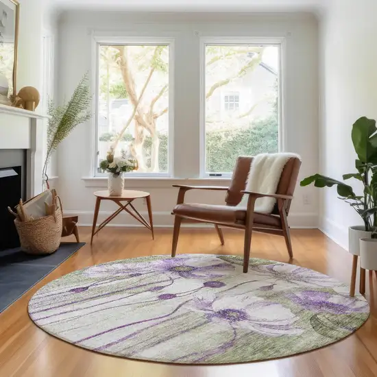 8' Purple Green And Ivory Floral Washable Round Rug With UV Protection Photo 5