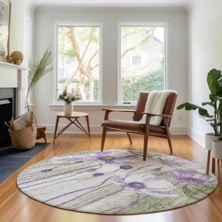 8' Purple Green And Ivory Floral Washable Round Rug With UV Protection Photo 5
