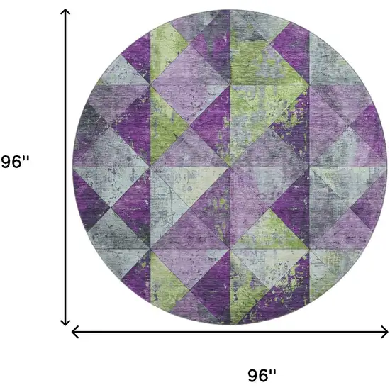 8' Purple Green And Ivory Geometric Washable Round Rug With UV Protection Photo 9