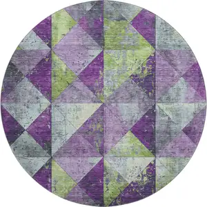 Photo of 8' Purple Green And Ivory Geometric Washable Round Rug With UV Protection