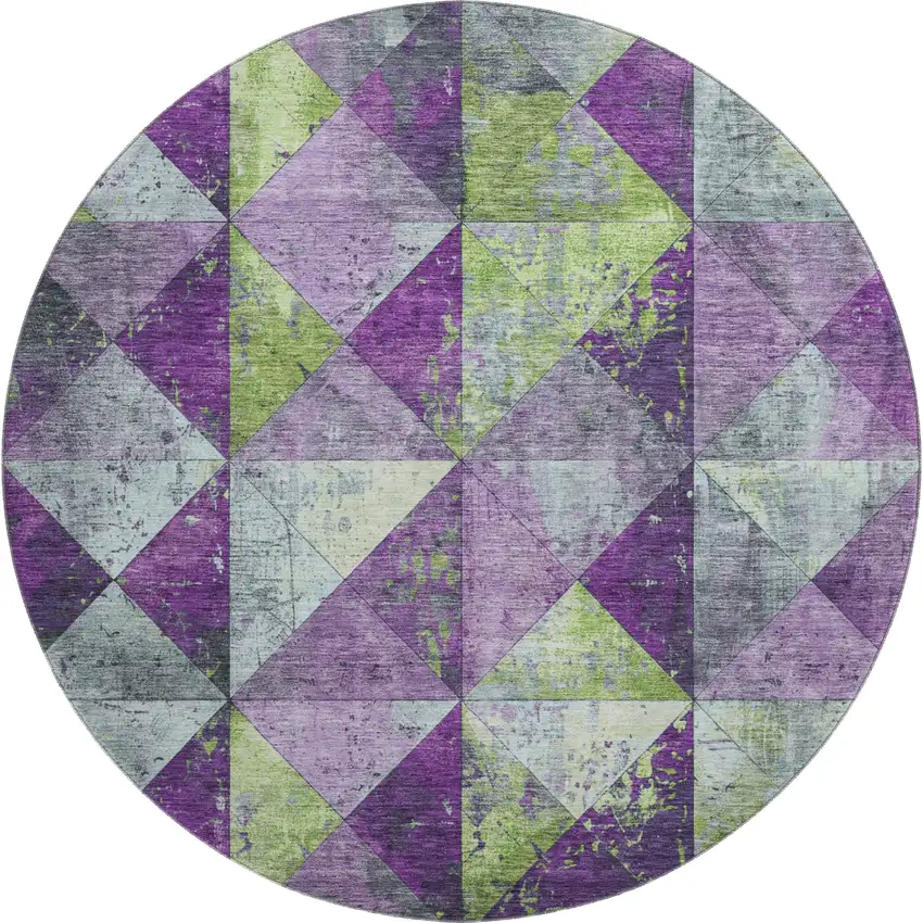 8' Purple Green And Ivory Geometric Washable Round Rug With UV Protection Photo 1