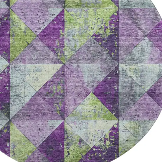 8' Purple Green And Ivory Geometric Washable Round Rug With UV Protection Photo 2