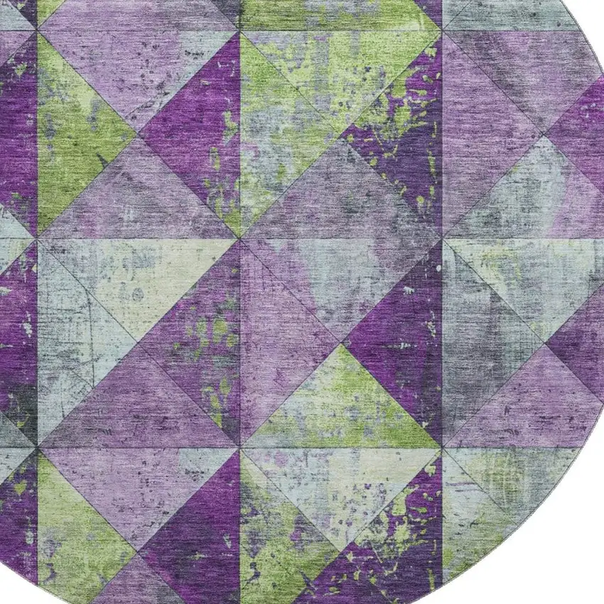 8' Purple Green And Ivory Geometric Washable Round Rug With UV Protection Photo 2