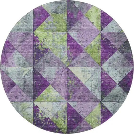 8' Purple Green And Ivory Geometric Washable Round Rug With UV Protection Photo 3