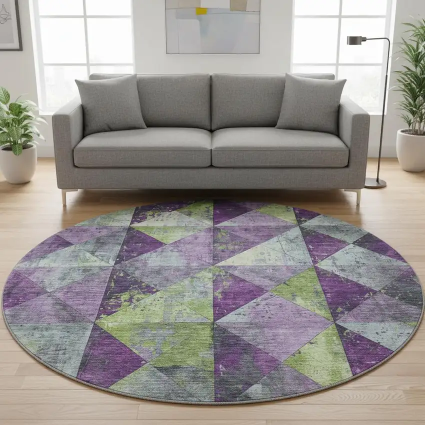8' Purple Green And Ivory Geometric Washable Round Rug With UV Protection Photo 2
