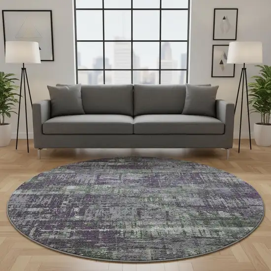 8' Purple Green And Ivory Geometric Washable Round Rug With UV Protection Photo 2
