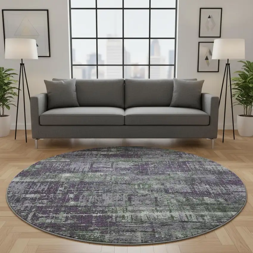 8' Purple Green And Ivory Geometric Washable Round Rug With UV Protection Photo 2