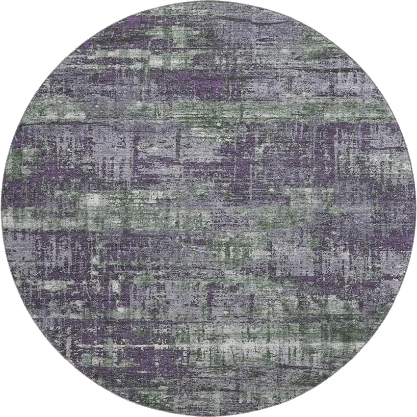 8' Purple Green And Ivory Geometric Washable Round Rug With UV Protection Photo 1