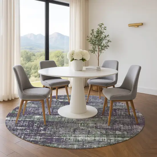 8' Purple Green And Ivory Geometric Washable Round Rug With UV Protection Photo 5