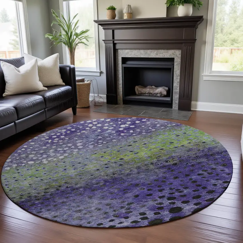 8' Purple Green And Ivory Polka Dot Washable Round Rug With UV Protection Photo 4