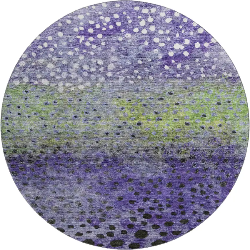 8' Purple Green And Ivory Polka Dot Washable Round Rug With UV Protection Photo 1