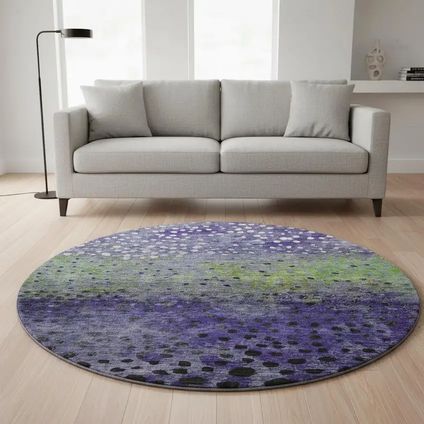8' Purple Green And Ivory Polka Dot Washable Round Rug With UV Protection Photo 2