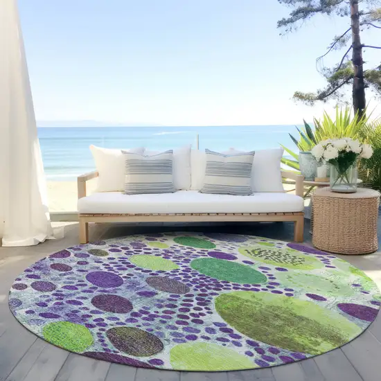 8' Purple Green And Ivory Round Geometric Washable Indoor Outdoor Area Rug Photo 5