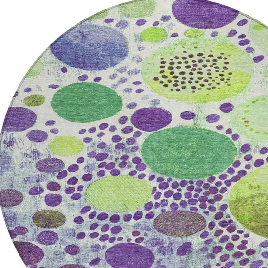 8' Purple Green And Ivory Round Geometric Washable Indoor Outdoor Area Rug Photo 8