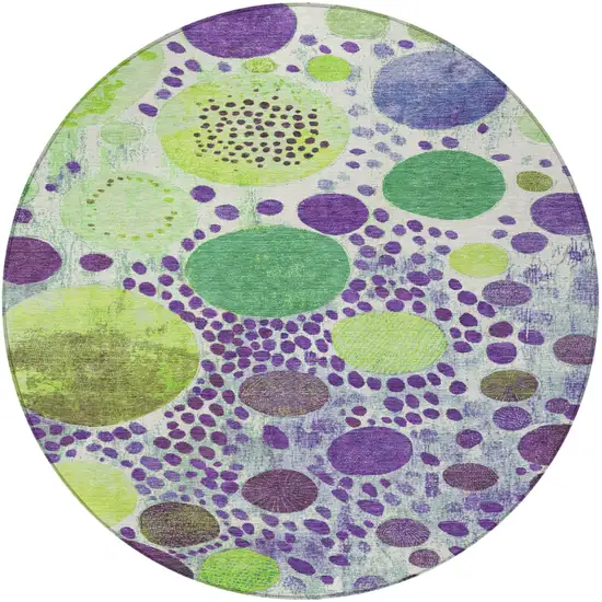 8' Purple Green And Ivory Round Geometric Washable Indoor Outdoor Area Rug Photo 3
