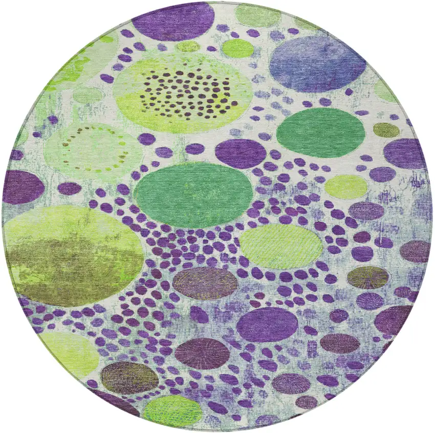 8' Purple Green And Ivory Round Geometric Washable Indoor Outdoor Area Rug Photo 3