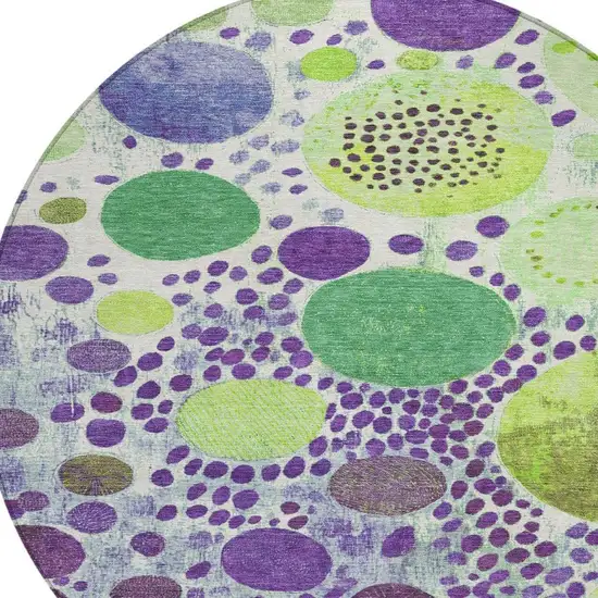 8' Purple Green And Ivory Round Geometric Washable Indoor Outdoor Area Rug Photo 4