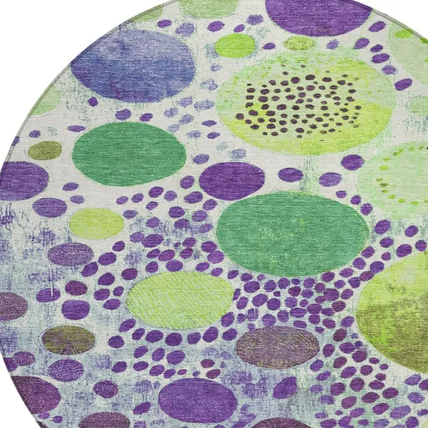 8' Purple Green And Ivory Round Geometric Washable Indoor Outdoor Area Rug Photo 4