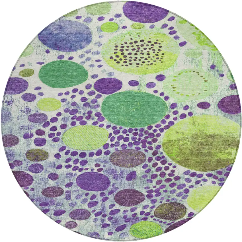 8' Purple Green And Ivory Round Geometric Washable Indoor Outdoor Area Rug Photo 1