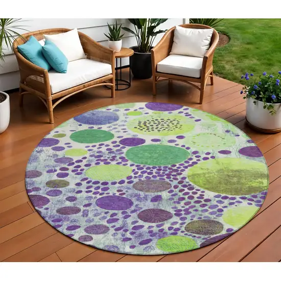 8' Purple Green And Ivory Round Geometric Washable Indoor Outdoor Area Rug Photo 2