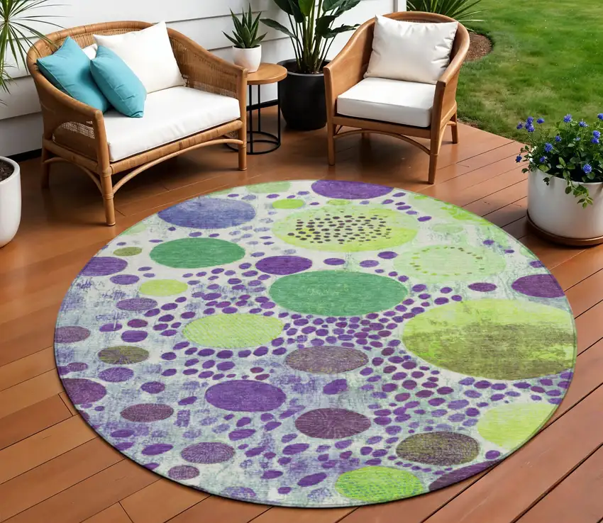 8' Purple Green And Ivory Round Geometric Washable Indoor Outdoor Area Rug Photo 2