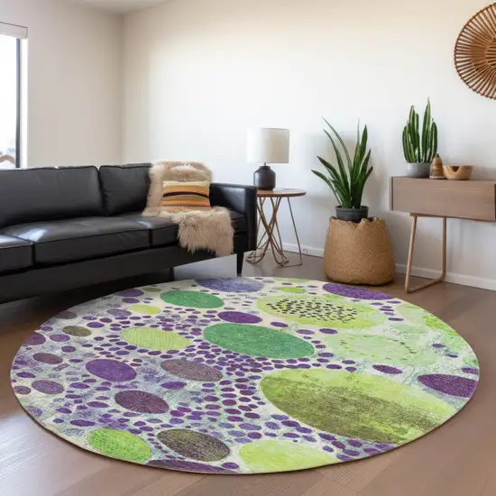 8' Purple Green And Ivory Round Geometric Washable Indoor Outdoor Area Rug Photo 6
