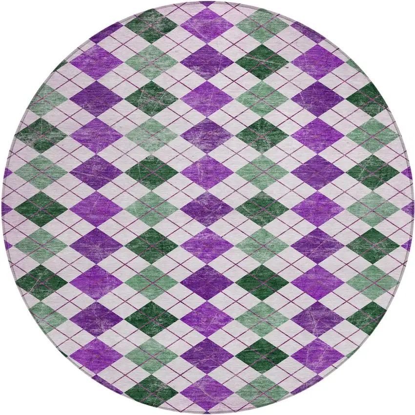8' Purple Green And Ivory Round Geometric Washable Indoor Outdoor Area Rug Photo 2