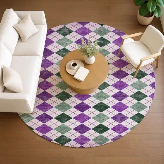 8' Purple Green And Ivory Round Geometric Washable Indoor Outdoor Area Rug Photo 9