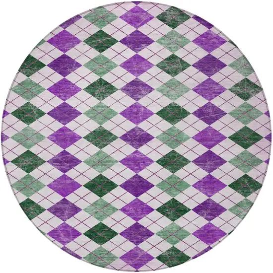 8' Purple Green And Ivory Round Geometric Washable Indoor Outdoor Area Rug Photo 5
