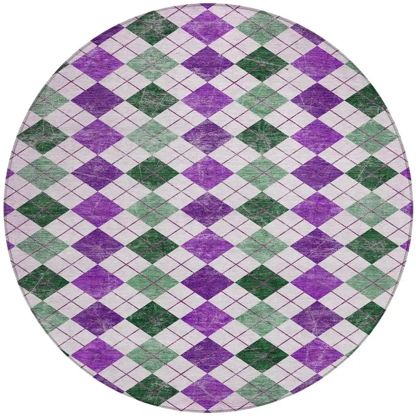 8' Purple Green And Ivory Round Geometric Washable Indoor Outdoor Area Rug Photo 4