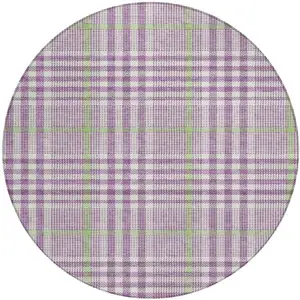 Photo of 8' Purple Green And Ivory Round Plaid Washable Indoor Outdoor Area Rug