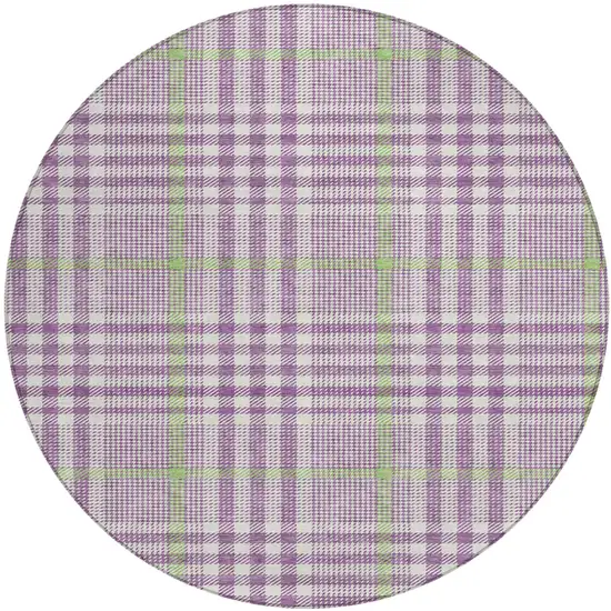 8' Purple Green And Ivory Round Plaid Washable Indoor Outdoor Area Rug Photo 2