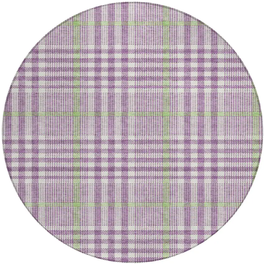 8' Purple Green And Ivory Round Plaid Washable Indoor Outdoor Area Rug Photo 2