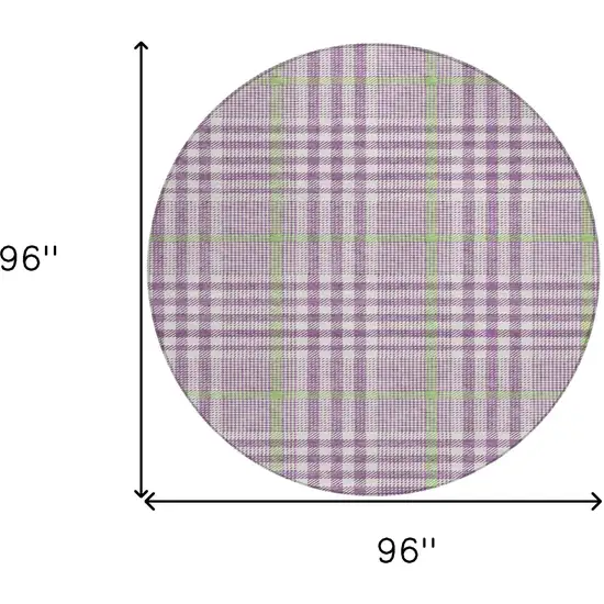 8' Purple Green And Ivory Round Plaid Washable Indoor Outdoor Area Rug Photo 9