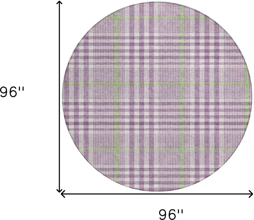 8' Purple Green And Ivory Round Plaid Washable Indoor Outdoor Area Rug Photo 9