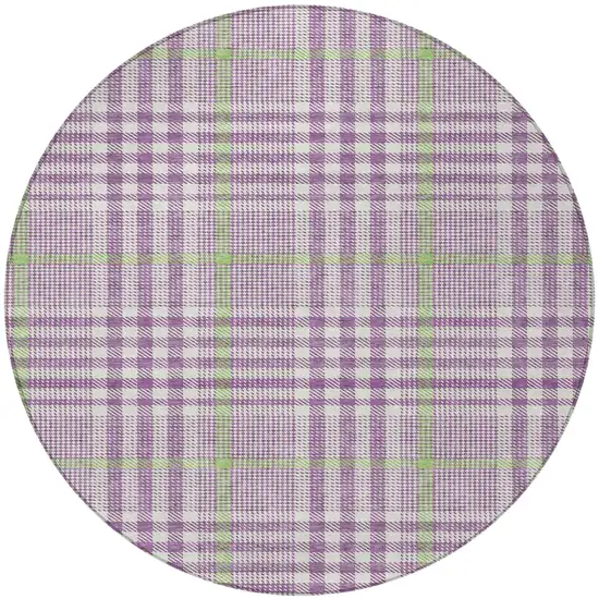8' Purple Green And Ivory Round Plaid Washable Indoor Outdoor Area Rug Photo 6