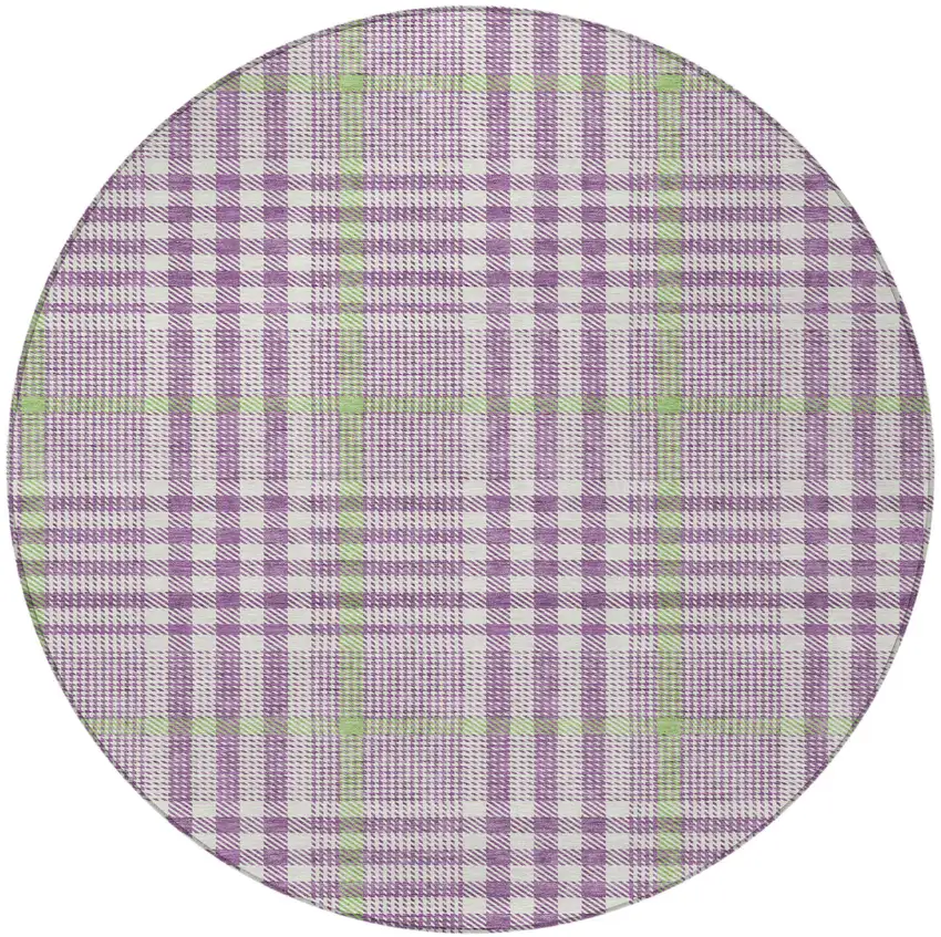 8' Purple Green And Ivory Round Plaid Washable Indoor Outdoor Area Rug Photo 6