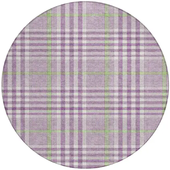 8' Purple Green And Ivory Round Plaid Washable Indoor Outdoor Area Rug Photo 5