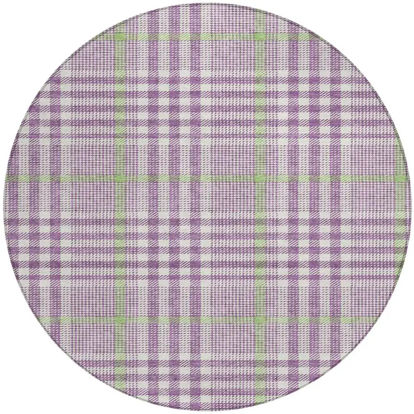 8' Purple Green And Ivory Round Plaid Washable Indoor Outdoor Area Rug Photo 5